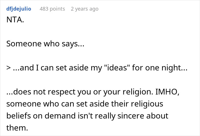 Text comment discussing respect for religion and sincerity of beliefs related to Muslim daughter-in-law and family conflict over bridal party attire. Text comment discussing respect for religion and sincerity of beliefs related to Muslim daughter-in-law and family conflict over bridal party attire.