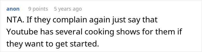 Commenter anon responding to a discussion about office potluck store bought dessert drama with cooking show suggestion.