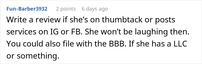 Comment suggesting to review a makeup artist who pretends to be sick on a woman&rsquo;s wedding day for easy money.