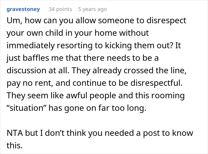 Comment about entitlement and disrespect from woman trying to help her brother and his wife in a rooming situation.