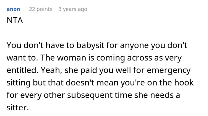 Screenshot of online comment explaining why a teen won&rsquo;t babysit a reckless 8-year-old after a bad incident.
