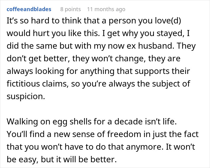 Screenshot of a comment discussing pain and freedom after leaving a husband in a toxic relationship of 10 years. Screenshot of a comment discussing pain and freedom after leaving a husband in a toxic relationship of 10 years.