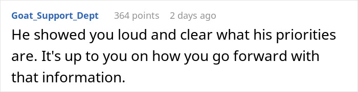 Screenshot of a Reddit comment about priorities, related to a woman rethinking her relationship after being ditched with a newborn. Screenshot of a Reddit comment about priorities, related to a woman rethinking her relationship after being ditched with a newborn.