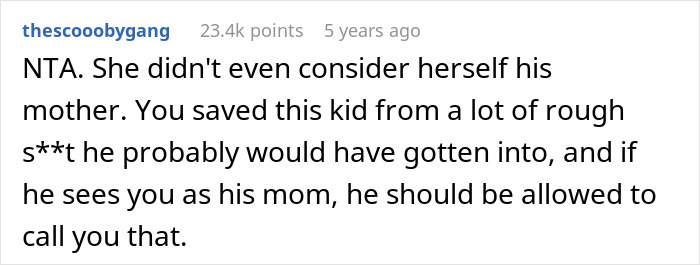 Screenshot of a Reddit comment defending a woman letting her nephew call her mom, sparking debate with his bio mom.