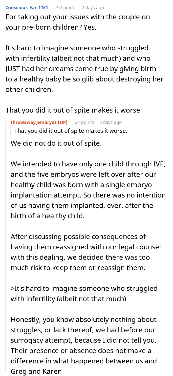 Couple discussing decision to destroy embryos after friend&rsquo;s true colors revealed in a tense online conversation.