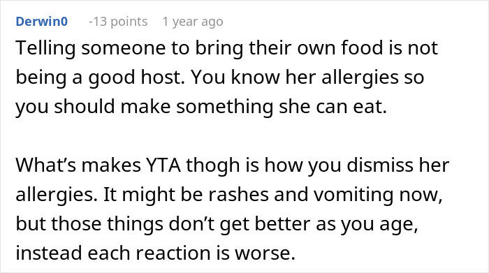 Comment discussing family dynamics and allergies, highlighting dismissal of allergy severity and expectations for accommodation. Comment discussing family dynamics and allergies, highlighting dismissal of allergy severity and expectations for accommodation.