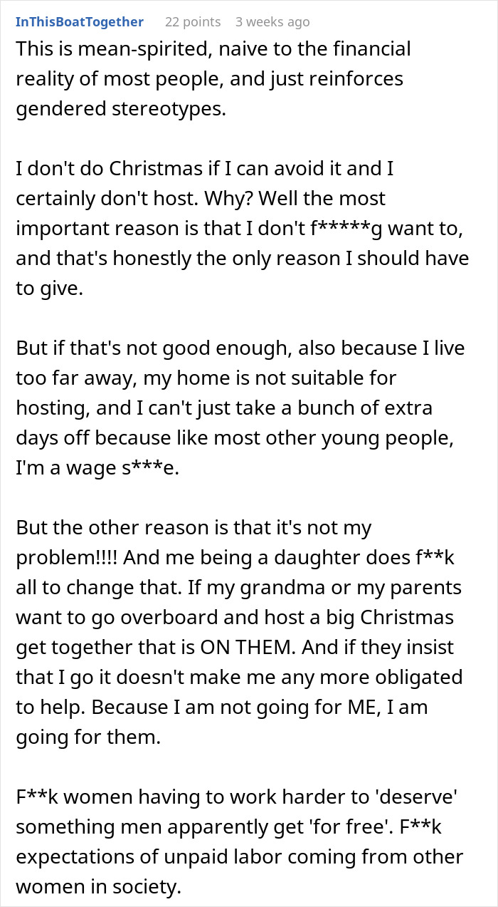 Comment discussing feminism and unpaid labor, criticizing adults who leave moms to do all the work during Christmas. Comment discussing feminism and unpaid labor, criticizing adults who leave moms to do all the work during Christmas.