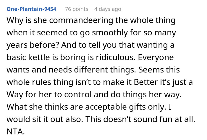 Comment on family Secret Santa drama, discussing control and gift expectations amid growing tensions over luxe shopping list demands. Comment on family Secret Santa drama, discussing control and gift expectations amid growing tensions over luxe shopping list demands.