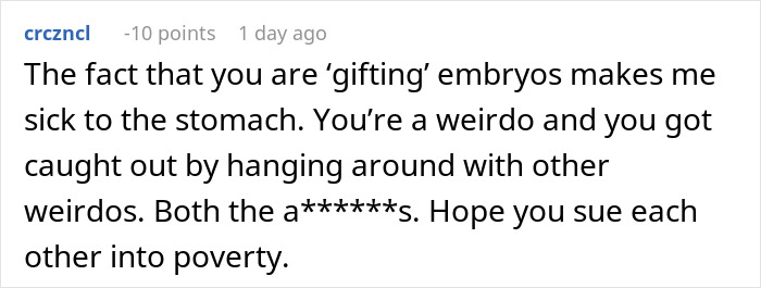Text comment expressing strong disapproval of gifting embryos after a couple decides to destroy their embryos. Text comment expressing strong disapproval of gifting embryos after a couple decides to destroy their embryos.