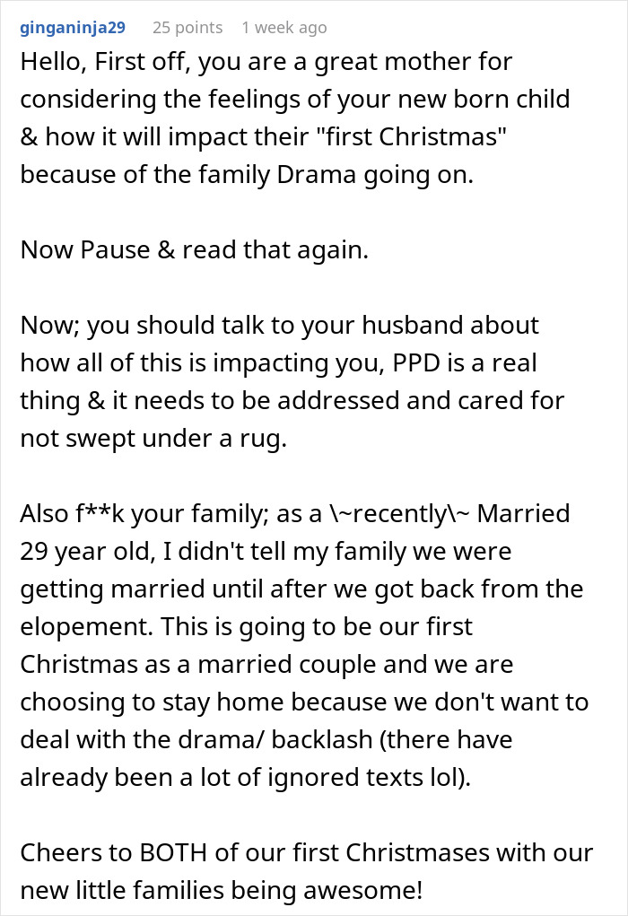 Comment from 23YO new mom about hiding baby from religious family amid backlash and dealing with postpartum depression.