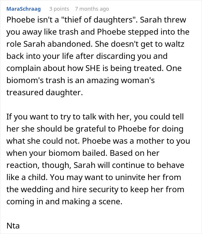 Comment discussing bio mom throwing a fit after daughter honors dad&rsquo;s bestie as mom at her wedding.