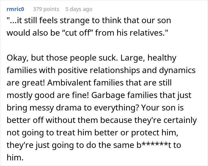 Comment discussing family drama and strained relationships after MIL declares evil has moved into the family over premature birth.