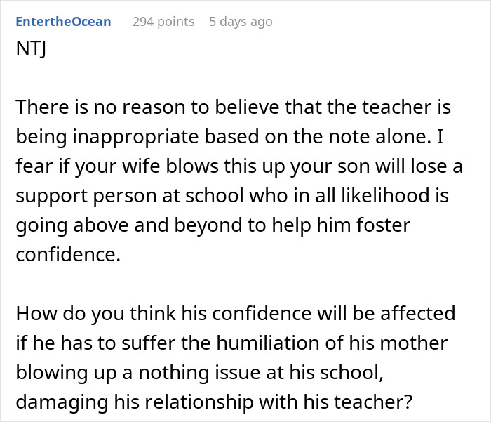 Screenshot of a forum comment debating a mom furious over teacher's inappropriate note and a dad thinking she’s overreacting. Screenshot of a forum comment debating a mom furious over teacher's inappropriate note and a dad thinking she’s overreacting.