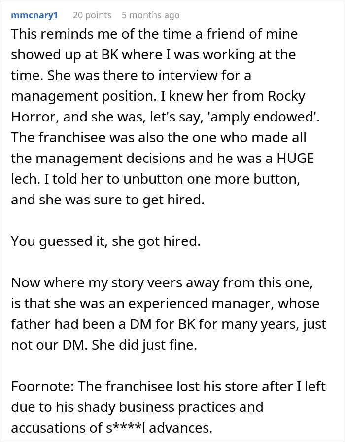 Comment describing a boss making an employee hire his crush leading to a disastrous outcome in the workplace. Comment describing a boss making an employee hire his crush leading to a disastrous outcome in the workplace.