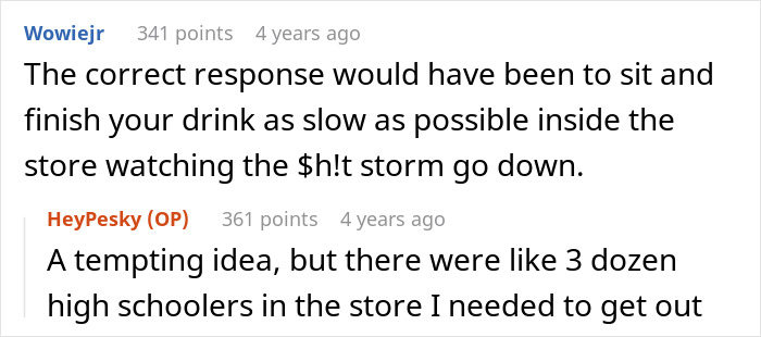 Reddit user comments discussing a coffee shop worker’s response after manager enforces strict rules.