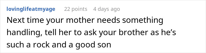 Text conversation showing a comment about a woman being blinded by flowers from her son while her daughter does a lot for her. Text conversation showing a comment about a woman being blinded by flowers from her son while her daughter does a lot for her.