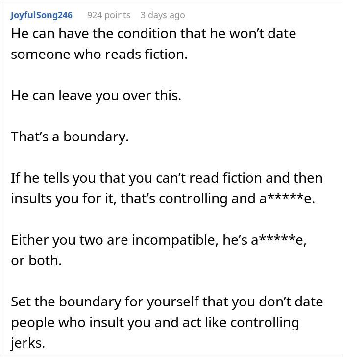 Alt text: Man shaming girlfriend for loving fiction and calling it make-believe that lowers her IQ in a text post.