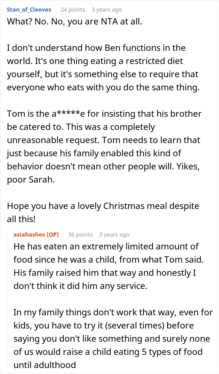 Screenshot of an online discussion about a picky eater demanding a Christmas menu change at family gathering. Screenshot of an online discussion about a picky eater demanding a Christmas menu change at family gathering.