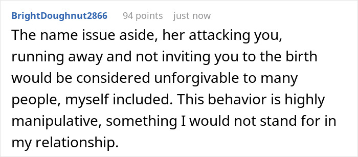 Comment discussing couple on the verge of breakup over newborn&rsquo;s bizarre name and escalating real Tragedeigh conflict.