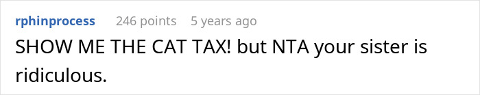 Screenshot of an online comment referencing a cat tax in a humorous discussion about giving a laptop to a cat instead of a sister.