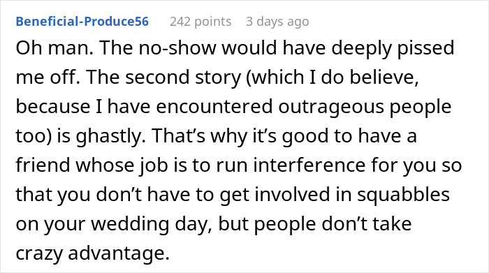 Screenshot of a Reddit comment discussing an uninvited guest at a wedding and the chaos caused on the wedding day.