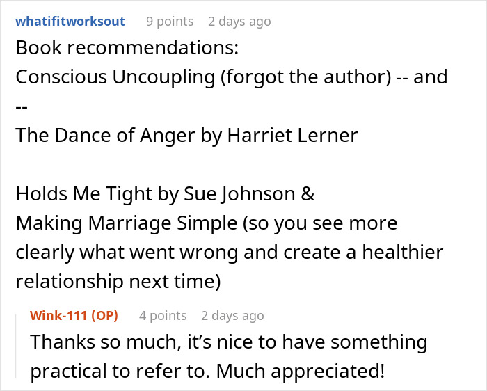 Screenshot of a forum post recommending books about conscious uncoupling, marriage, and relationship improvement. Screenshot of a forum post recommending books about conscious uncoupling, marriage, and relationship improvement.