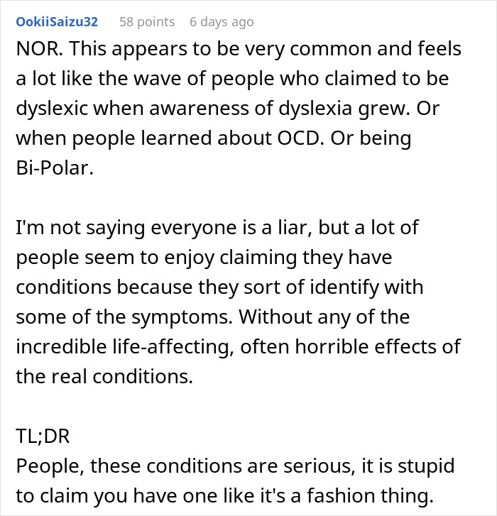 Comment discussing self-diagnosed autism behavior and its impact on relationships, reflecting skepticism and frustration. Comment discussing self-diagnosed autism behavior and its impact on relationships, reflecting skepticism and frustration.