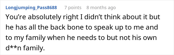 Screenshot of a forum comment discussing a husband who won’t stand up to his mother, causing marital tension.