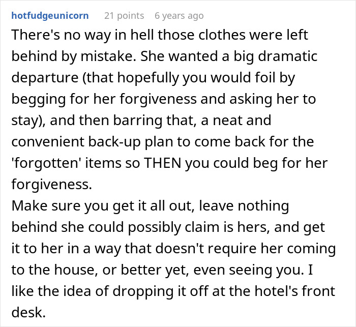 Reddit comment discussing a dramatic departure and back-up plan involving MIL poisoning family dog and verbal attacks.