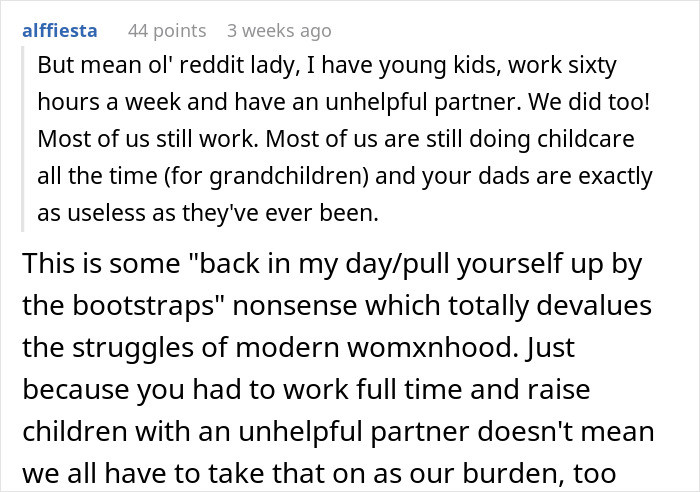 Reddit comment criticizing adults claiming feminism while leaving moms to handle all labor and childcare responsibilities. Reddit comment criticizing adults claiming feminism while leaving moms to handle all labor and childcare responsibilities.