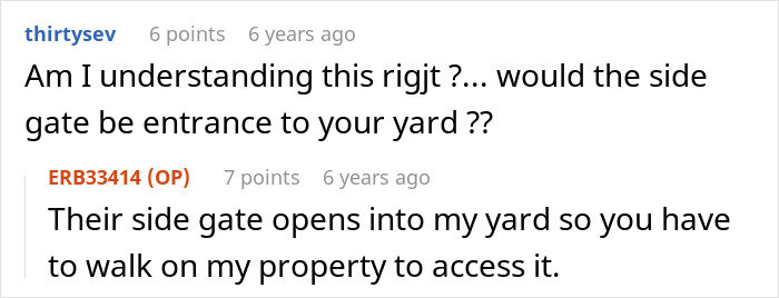 Screenshot of an online discussion about a side gate opening into a yard involving Karen Petty fence revenge context. Screenshot of an online discussion about a side gate opening into a yard involving Karen Petty fence revenge context.
