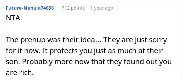 Reddit comment discussing future in-laws demanding a prenup then backing off after learning of woman’s wealthy family background. Reddit comment discussing future in-laws demanding a prenup then backing off after learning of woman’s wealthy family background.