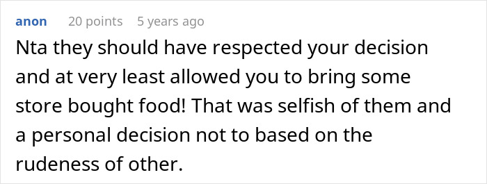 Comment discussing the lack of respect and selfishness regarding no vegan options Christmas Eve dinner decisions. Comment discussing the lack of respect and selfishness regarding no vegan options Christmas Eve dinner decisions.
