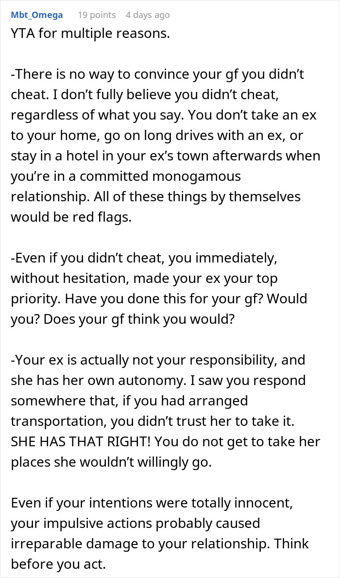 Text comment from Mbt_Omega explaining why a guy goes above and beyond for his ex, causing upset in his current partner. Text comment from Mbt_Omega explaining why a guy goes above and beyond for his ex, causing upset in his current partner.