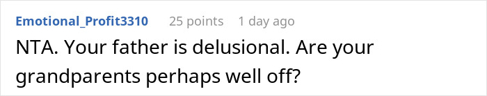 Screenshot of an online comment calling a father delusional after cutting off his late wife’s family and demanding acceptance of his new baby. Screenshot of an online comment calling a father delusional after cutting off his late wife’s family and demanding acceptance of his new baby.