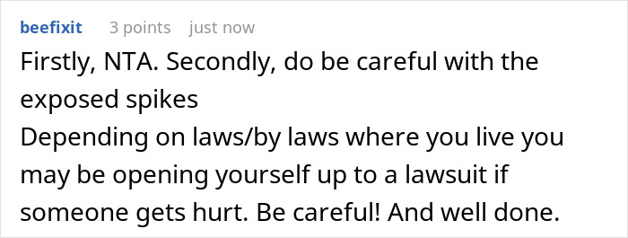 Screenshot of an online comment warning about exposed spikes and potential legal issues for yard driving and flat tires. Screenshot of an online comment warning about exposed spikes and potential legal issues for yard driving and flat tires.
