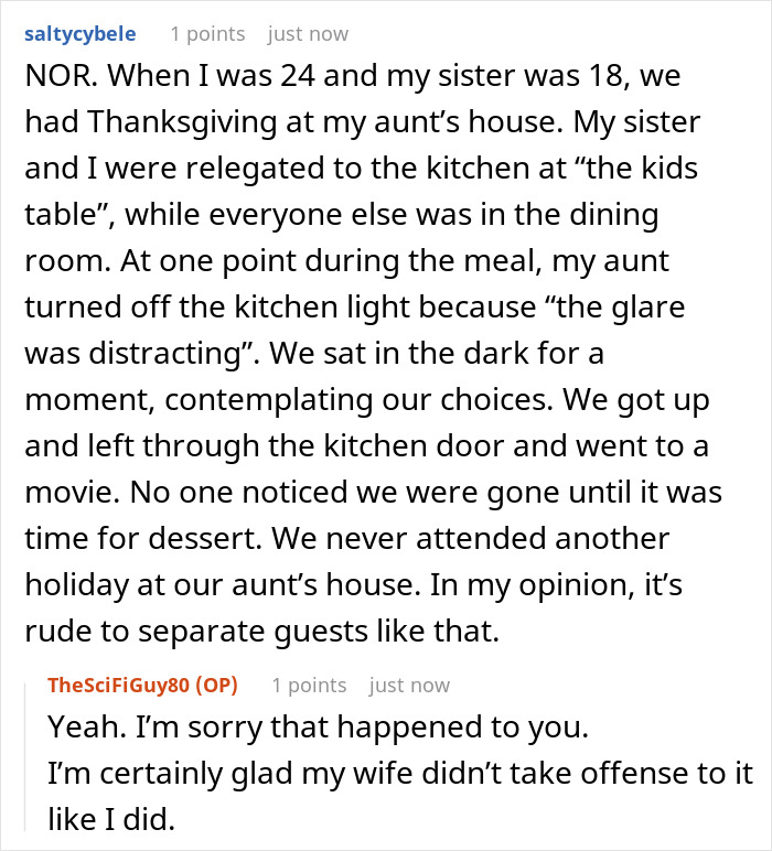 Son annoyed to be placed at overflow table as parents let friends sit at main table for Thanksgiving dinner. Son annoyed to be placed at overflow table as parents let friends sit at main table for Thanksgiving dinner.