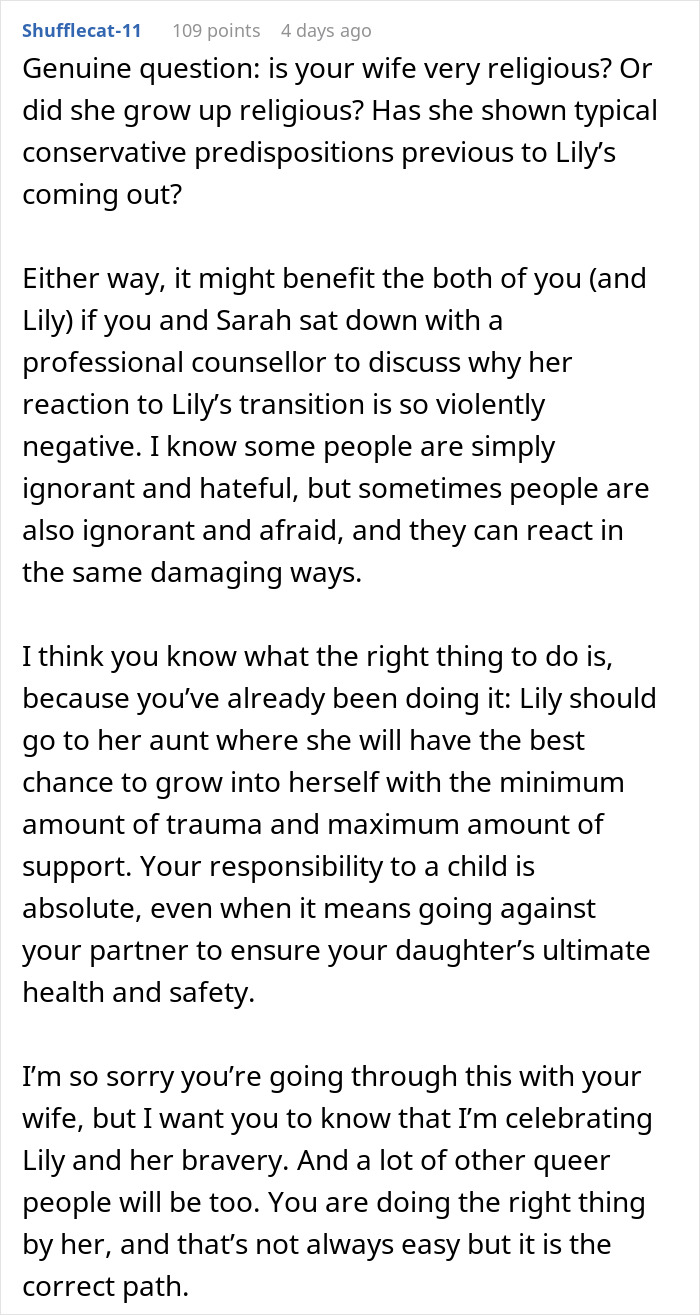 Online discussion advice addressing wife&rsquo;s transphobic reaction after son&rsquo;s coming out, husband feeling family is imploding.