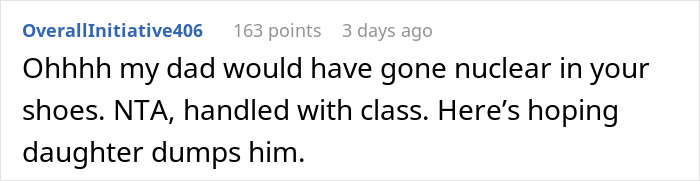 Screenshot of a Reddit comment reacting to a guy wearing an inappropriate shirt as a dare at dinner with girlfriend’s parents. Screenshot of a Reddit comment reacting to a guy wearing an inappropriate shirt as a dare at dinner with girlfriend’s parents.
