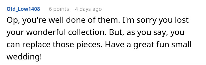 Screenshot of an online comment discussing a man cutting off parents after their revenge over his plan for a small wedding.