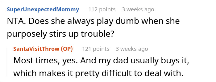 Screenshot of a Reddit conversation discussing a step-grandma sneaking a baby to Santa and losing babysitting privileges. Screenshot of a Reddit conversation discussing a step-grandma sneaking a baby to Santa and losing babysitting privileges.