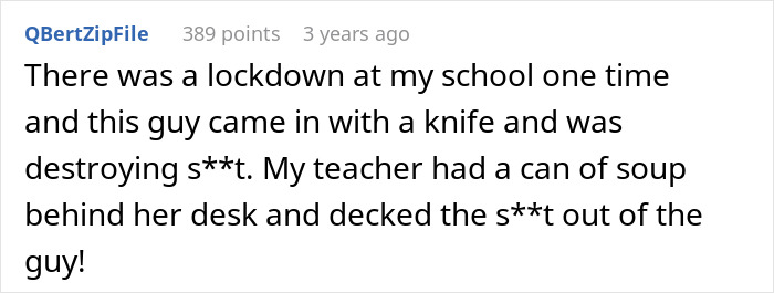 Screenshot of a Reddit comment describing a lockdown incident with survival tips relevant to mass shooting situations.