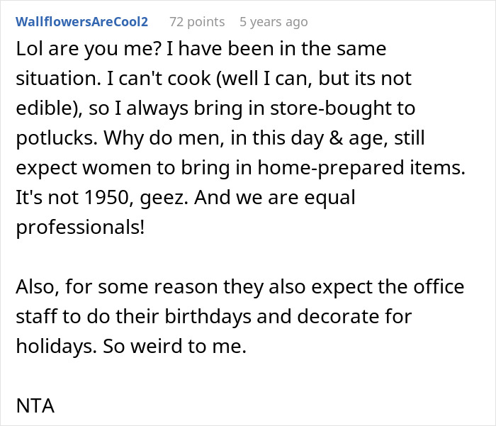 Comment discussing office potluck store-bought dessert drama and gender expectations about bringing homemade items. Comment discussing office potluck store-bought dessert drama and gender expectations about bringing homemade items.