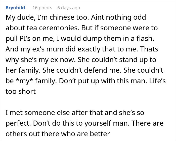 Comment about man considering canceling his wedding after fiancée’s family hires a PI to dig up dirt. Comment about man considering canceling his wedding after fiancée’s family hires a PI to dig up dirt.