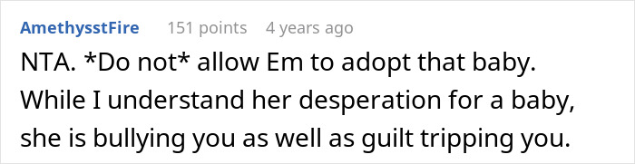 Screenshot of a Reddit comment discussing a dispute involving a racist lady wanting her friend's white baby adopted by his sister. Screenshot of a Reddit comment discussing a dispute involving a racist lady wanting her friend's white baby adopted by his sister.