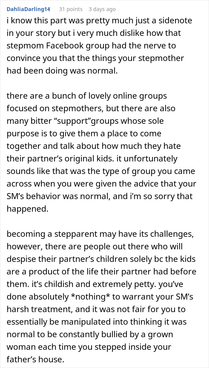 Comment discussing stepmother’s harsh behavior and teen’s insecurity about a kid in a blended family situation. Comment discussing stepmother’s harsh behavior and teen’s insecurity about a kid in a blended family situation.