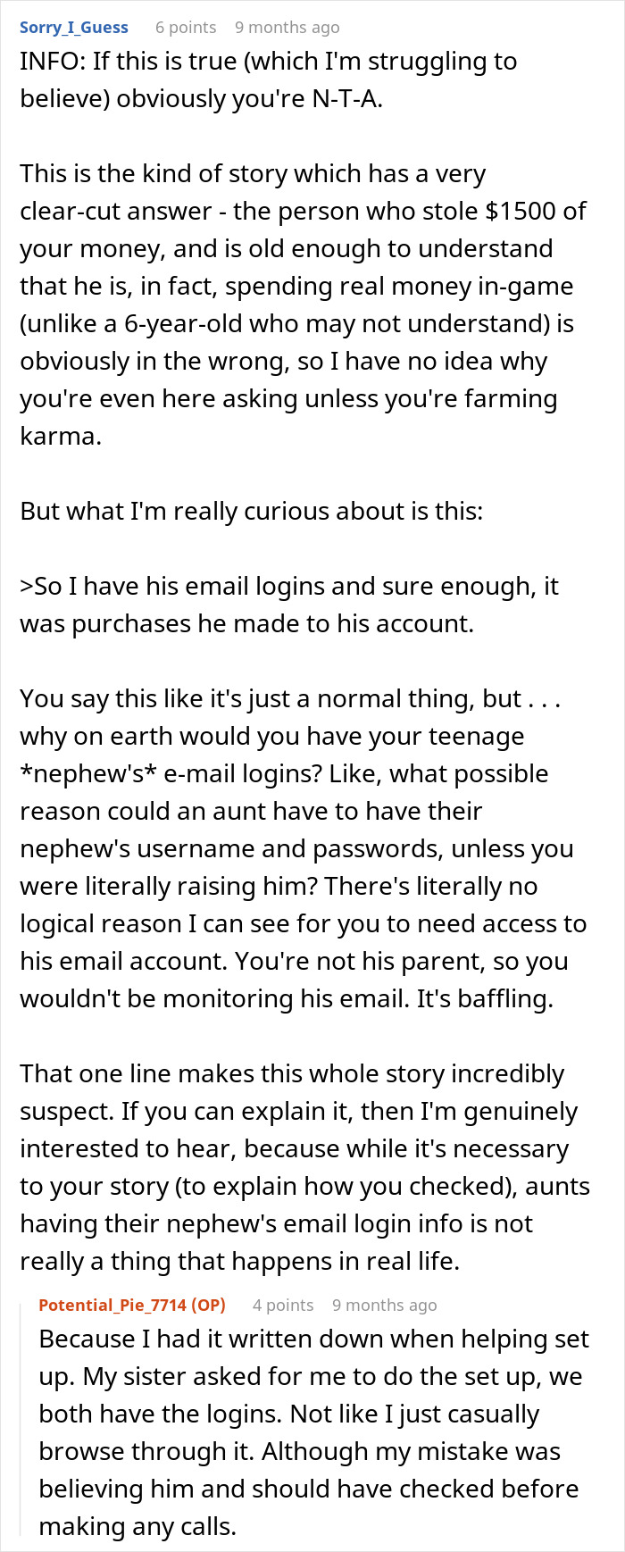 Screenshot of online comments discussing karma delivered to an entitled nephew who used a credit card for games.