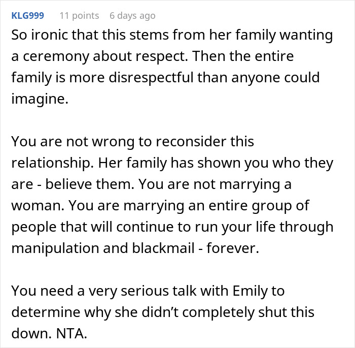 Comment discussing a man reconsidering his wedding after fiancée’s family hires a private investigator to dig up dirt. Comment discussing a man reconsidering his wedding after fiancée’s family hires a private investigator to dig up dirt.