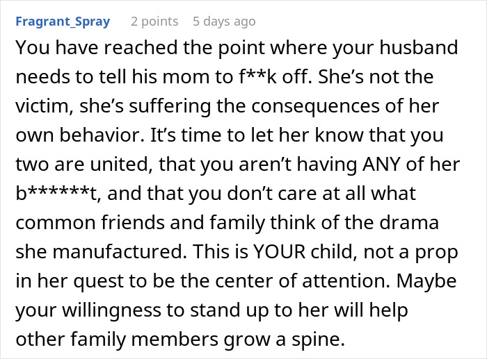 Comment discussing a mother-in-law refusing to accept a daughter-in-law’s premature birth and family conflict.