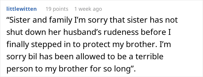 Screenshot of a Reddit comment where a woman claps back at her brother-in-law for tearing down her brother during Thanksgiving dinner.